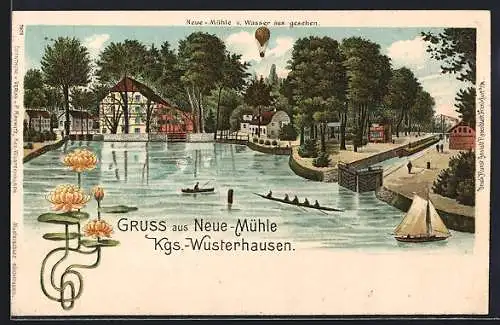 Lithographie Neue Mühle b. Königs Wusterhausen, Neue Mühle vom Wasser aus gesehen, Ballon