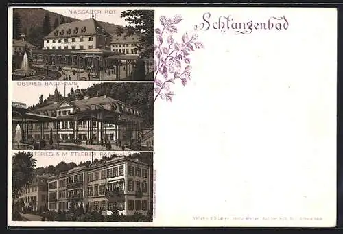 Lithographie Schlangenbad, Hotel Nassauer Hof, Oberes Badehaus, Unteres und Mittleres Badehaus