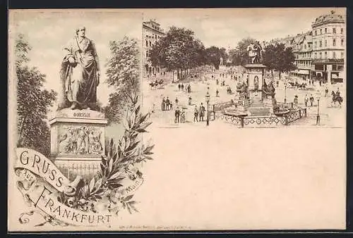 Lithographie Frankfurt /Main, Goethe Denkmal und Platz