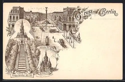 Lithographie Berlin, Krieger-Denkmal im Victoria-Park, Hallesches Tor, Belle Alliance-Platz, Heil. Kreuz-Kirche