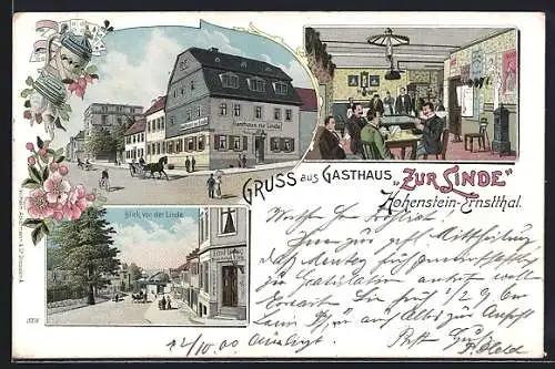 Lithographie Hohenstein-Ernstthal, Gasthaus zur Linde, Blick von der Linde