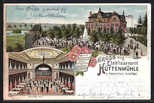 Lithographie Hohenstein-Ernstthal, Gasthaus Hüttenmühle mit Saal und Gartenwirtschaft