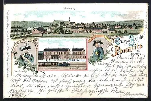 Lithographie Pommritz bei Hochkirch, Bahnhof, Totalansicht und Friedrich d. Grosse