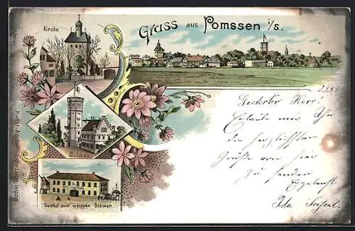 Lithographie Pomssen i. S., Gasthof zum weissen Schwan, Schloss und Kirche