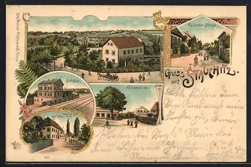 Lithographie Stauchitz, Gasthof zur alten Post, Bahnhof, Siegeseiche, Oschatzer Strasse