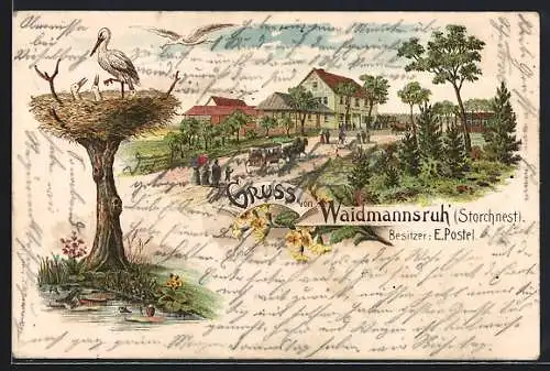 Lithographie Erfurt in Thür., Gasthof Waidmannsruh, Storchnest