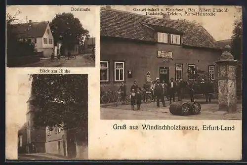 AK Windischholzhausen, Gasthaus u. Fleischerei v. Albert Etzhold, Dorfstrasse, Kirche