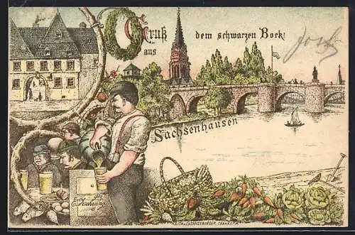 Lithographie Sachsenhausen, Gasthaus zum schwarzen Bock, Innenansicht, Kirche und Brücke