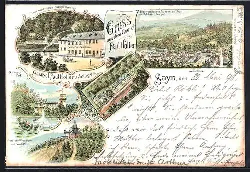 Lithographie Sayn, Gasthof Paul Holler und Anlagen, Schloss und Park, Abtei