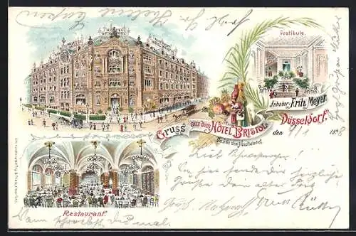 Lithographie Düsseldorf, Hotel Bristol - Aussenansicht, Vestibule, Restaurant
