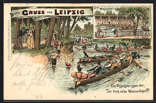 Lithographie Leipzig, Beim Wassergott, Bootsfahrt, Volksfest