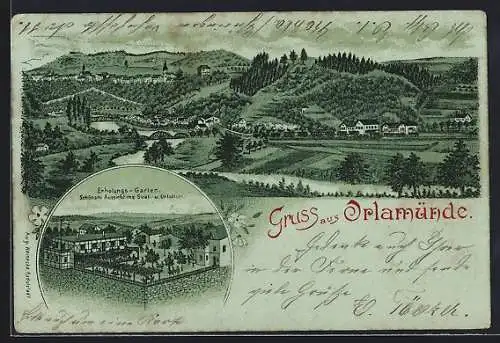 Lithographie Orlamünde, Erholungs-Garten und Ortspanorama