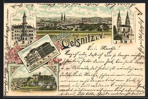 Lithographie Oelsnitz i. V., Neue Schule, Rathaus, Voigtsberg