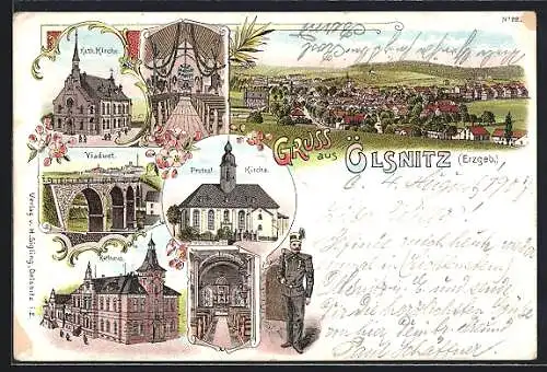 Lithographie Oelsnitz / Erzg., Rathaus, Viadukt, Kath. Kirche, Bergmann