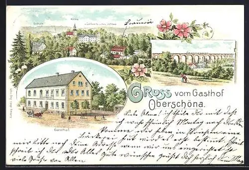 Lithographie Oberschöna, Gasthof Oberschöna, Ortspartie mit Schule, Kirche und von Carlowitz`schem Schloss