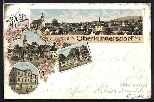 Lithographie Obercunnersdorf / Kottmar, Schule, Kirche und Gesamtansicht