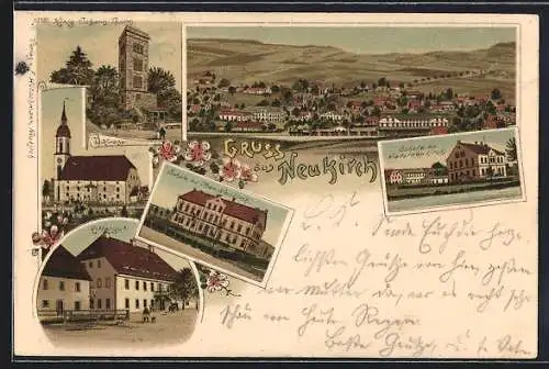 Lithographie Neukirch / Lausitz, Schule zu Niederneukirch, König Johann Turm, Rittergut