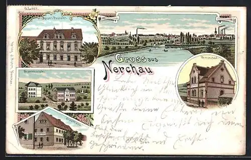 Lithographie Nerchau, Stadthaus, Wiesenbad, Beamtenschule