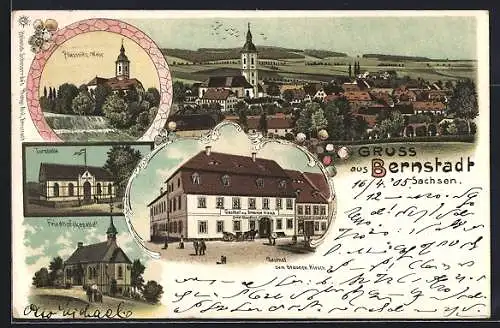 Lithographie Bernstadt /Sachsen, Gasthof zum braunen Hirsch, Pliessnitz-Wehr, Turnhalle