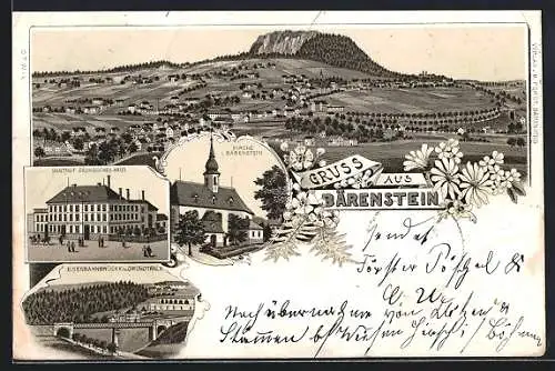 Lithographie Bärenstein / Erzgeb., Gasthof Sächsisches Haus, Kirche, Eisenbahnbrücke im Grundthale