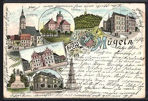 Lithographie Mügeln / Oschatz, Königliches Amtsgericht, Stadtkirche, Schule