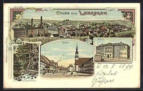 Lithographie Lunzenau, Ortsansicht, Markt, Schule, Brauselochthal