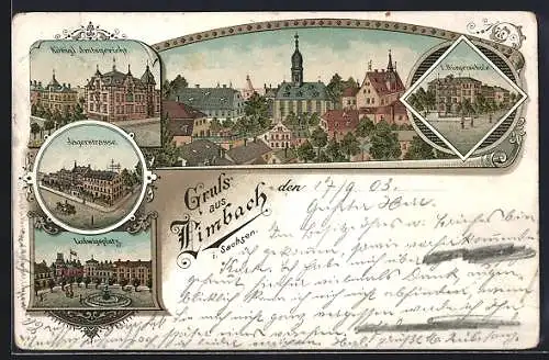 Lithographie Limbach / Sa., I. Bürgerschule, Königliche Amtsgericht, Jägerstrasse & Ludwigsplatz