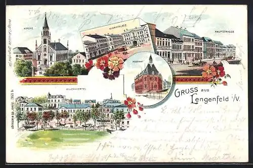 Lithographie Lengenfeld / Vogtland, Marktplatz, Kirche und Villenviertel