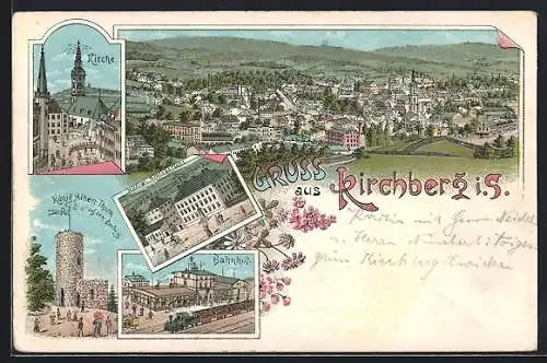 Lithographie Kirchberg i. S., Kirche, Königliches Amtsgericht, Bahnhof