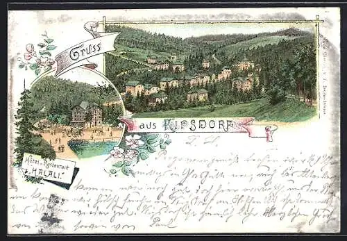 Lithographie Kipsdorf, Hotel und Restaurant Halaki, Teilansicht