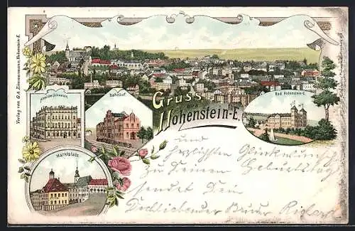 Lithographie Hohenstein-Ernstthal, Hotel drei Schwanen, Bahnhof, Marktplatz