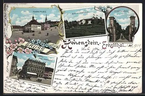 Lithographie Hohenstein-Ernstthal, Hotel Drei Schwanen, Bad Hohenstein-Ernstthal, Eingang zum Bad