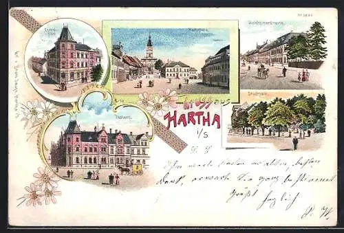 Lithographie Hartha i. S., Central-Hotel, Postamt, Stadtpark