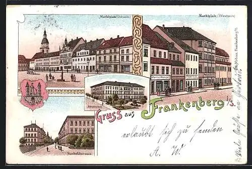 Lithographie Frankenberg i. S., Bürgerschule, Humboldtstrasse, Marktplatz Ostseite