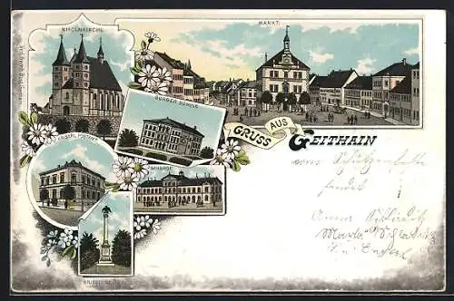 Lithographie Geithain, Bürger-Schule, Nicolaikirche, Bahnhof