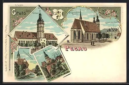 Lithographie Pegau, Rathaus, St. Laurentius Kirche, Kaiserliches Postamt