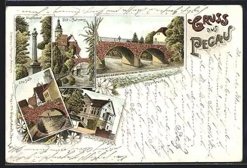 Lithographie Pegau, Landwirtschaftliche Schule, Elsterbrücke, Kriegerdenkmal