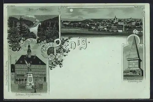 Mondschein-Lithographie Penig, Rathaus und Siegesdenkmal, Denkmal auf dem Hühnerberg, Blick nach Amerika