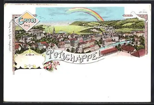 Lithographie Potschappel, Teilansicht mit Regenbogen