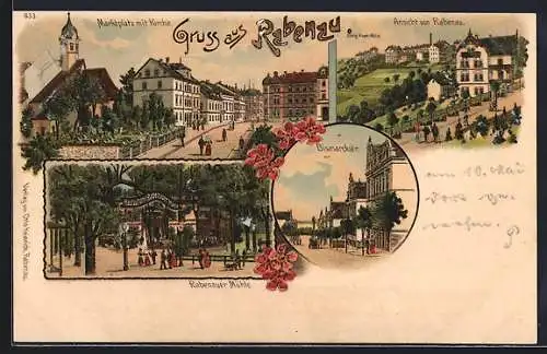 Lithographie Rabenau / Sachsen, Restaurant Rabenauer Mühle, Marktplatz mit Kirche, Bismarckstrasse