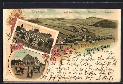 Lithographie Raschau im sächs. Erzgeb., Hôtel Bad Raschau, Kirche und Schule, Panorama mit Emmler Felsen