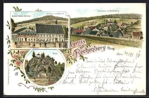 Lithographie Rechenberg /Erzg., Gasthaus zum Erbgericht, Felsen, Panorama