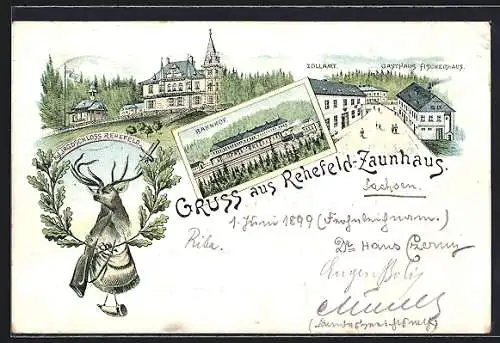 Lithographie Rehefeld-Zaunhaus, Gasthaus Fischerhaus und Zollamt, Bahnhof, Königliches Jagdschloss Rehefeld