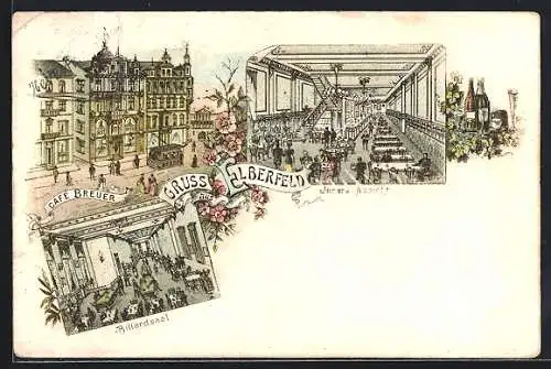 Lithographie Elberfeld, Cafe Breuer mit Strassenbahn, Innenansicht, Billardsaal