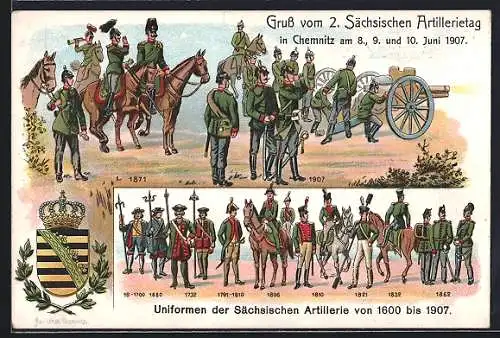 Lithographie Chemnitz, 2. Sächsischer Artillerietag 1907, Uniformen von 1600 bis 1907, Wappen