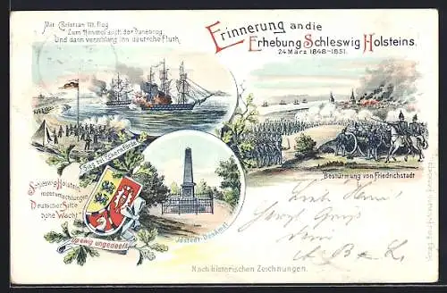 Lithographie Friedrichstadt, Erhebung Schleswig Holsteins 1848-1851, Bestürmung, Sieg bei Eckernförde, Revolution 1848