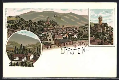 Lithographie Eppstein i. T., Oelmühle, Ruine, Totalansicht aus der Vogelschau