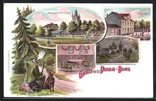 Lithographie Greifenstein /Hessen, Dianaburg von Westen, Forsthaus m. Jagdzimmer, Förster mit Hund