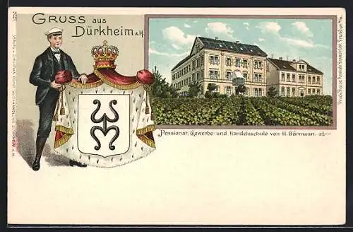 Lithographie Dürkheim a. H., Pensionat, Gewerbe- u. Handelsschule H. Bärmann, Student mit Krone und Purpurmantel