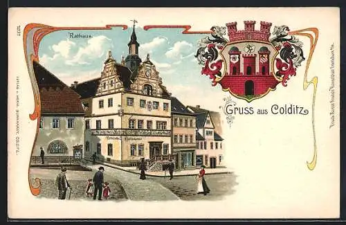 Lithographie Colditz, Rathaus mit Gasthaus Ratskeller, Wappen